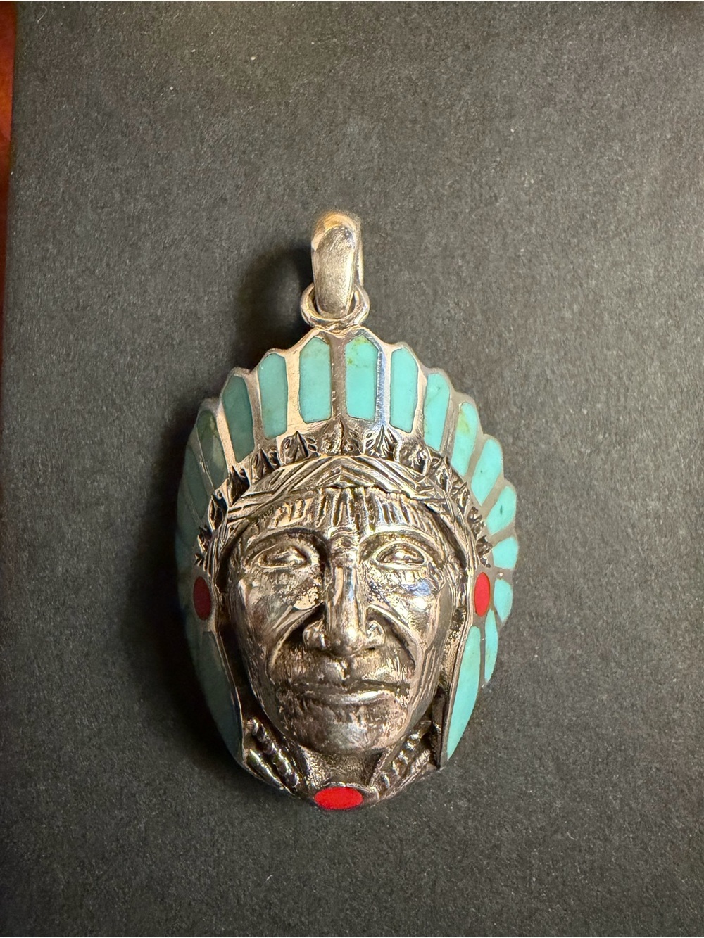 Sterling 925 Silver Native Indian Style Chief Head Enamel Pendant Men Women